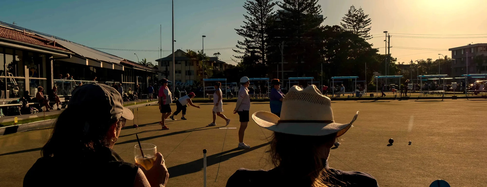 Twilight over the Anglesea green with bowlers under lights